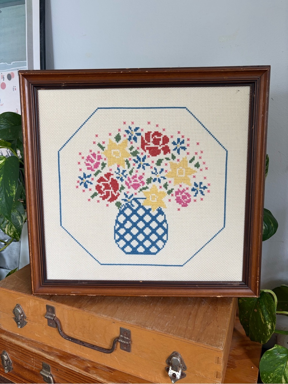Vintage Handmade Floral Bouquet Framed Cross Stitch Art